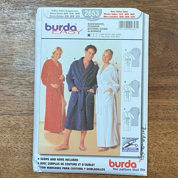 Burda sewing pattern #2653 unsex bathrobe UNCUT size US 12-20 - Picture 2 of 6